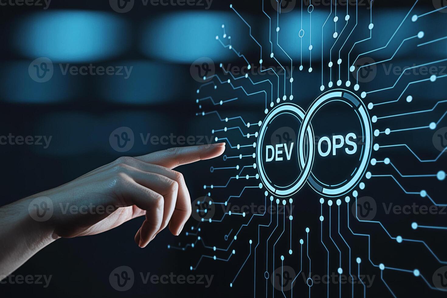 Human hand interacting with a digital DevOps interface in a futuristic hightech environment symbolizing automation collaboration and efficiency in software development and IT operations for business t photo
