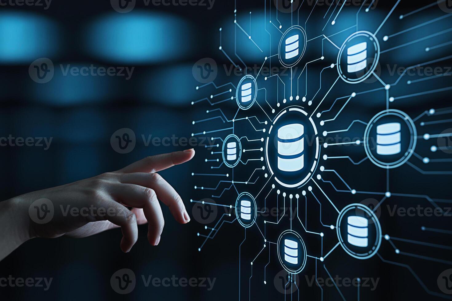 humano mano interactuando con un digital base de datos red en un oscuro azul antecedentes representando datos administración nube informática y el interconexión de información en el moderno digital años foto