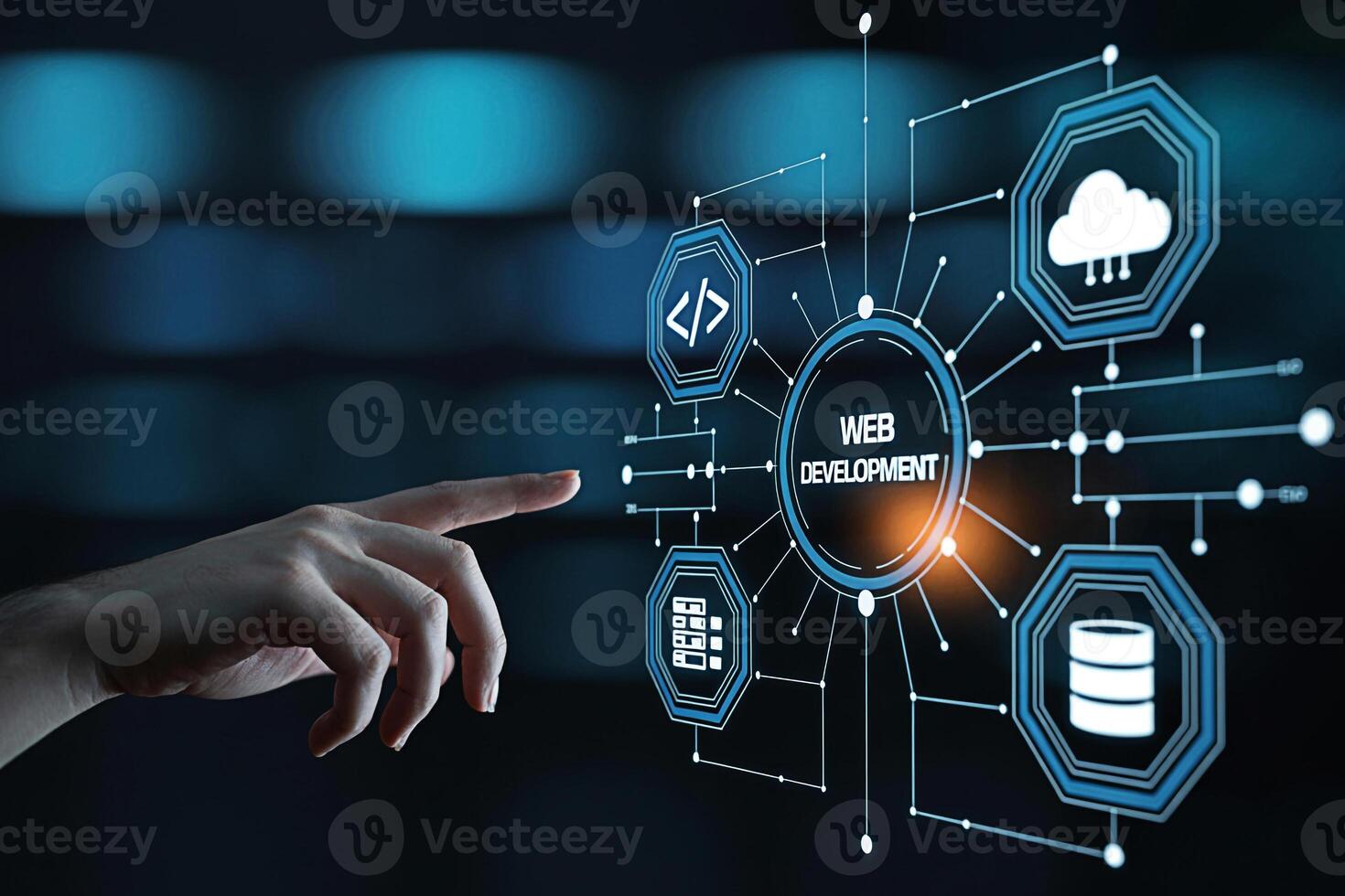 un mano interactúa con un futurista interfaz mostrando web desarrollo íconos representando nube servicios bases de datos y codificación conjunto en contra un oscuro azul antecedentes simbolizando innovación y tecnológico foto
