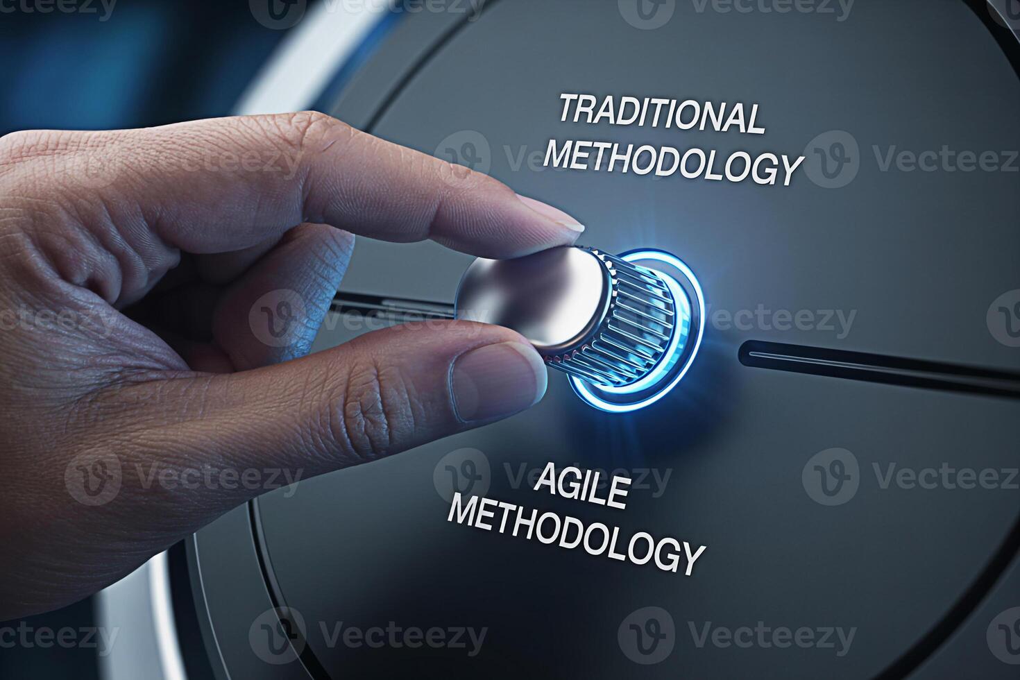 Closeup of a hand switching a dial between traditional and agile methodologies in a modern hightech environment symbolizing a strategic decision for business agility and digital transformation photo