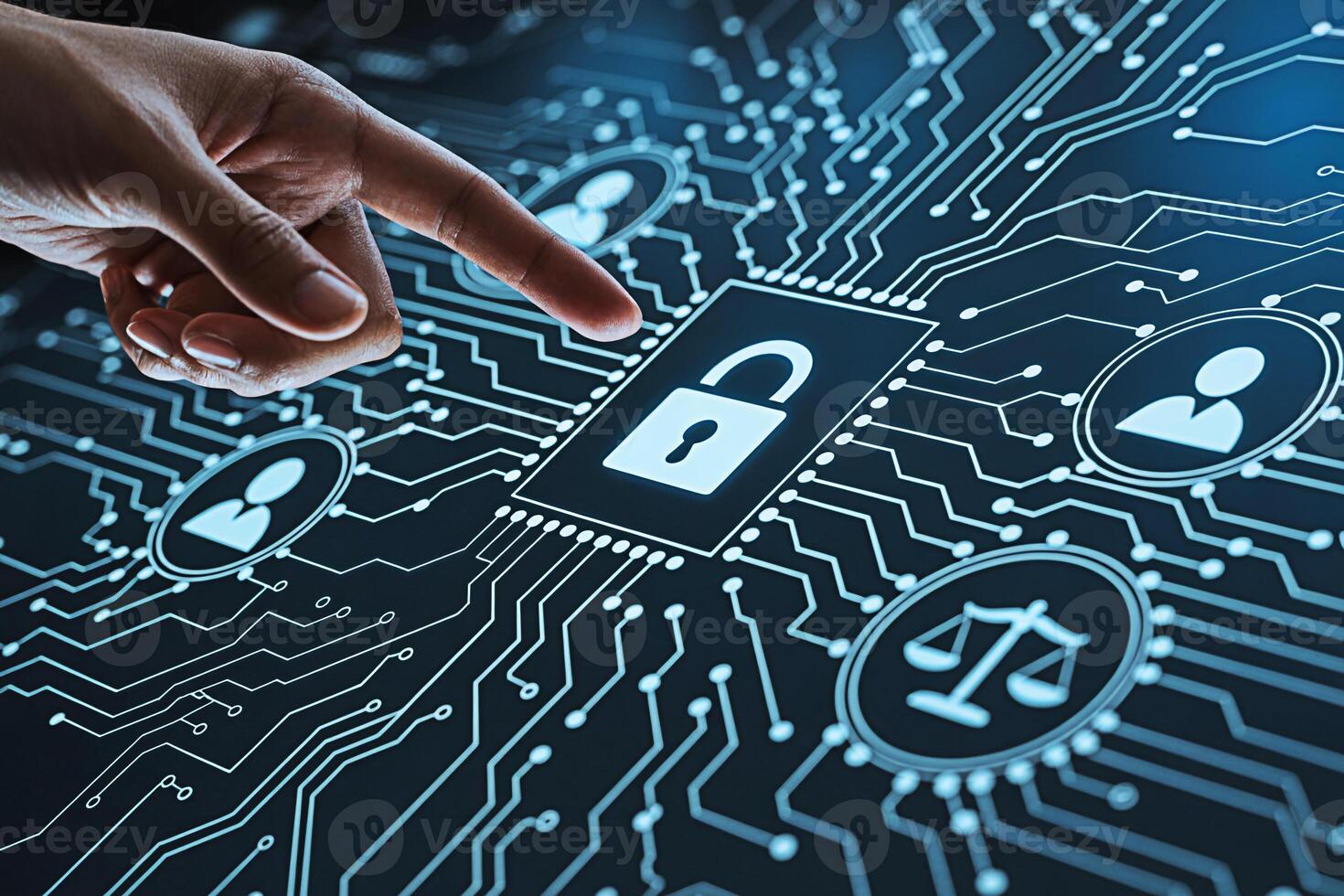 Human finger pointing at a digital padlock on a circuit board representing cybersecurity in a technological environment conveying a sense of protection and data privacy in the digital age photo