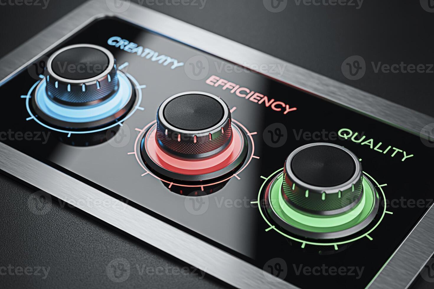 Closeup of a control panel with glowing knobs adjusting creativity efficiency and quality in a dark setting symbolizing control optimization and the pursuit of excellence in business and personal ende photo