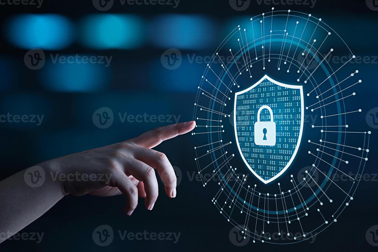 A persons finger touches a digital shield with a padlock on a dark blue background representing cybersecurity data protection and secure access in the modern digital age conveying trust and reliabilit photo