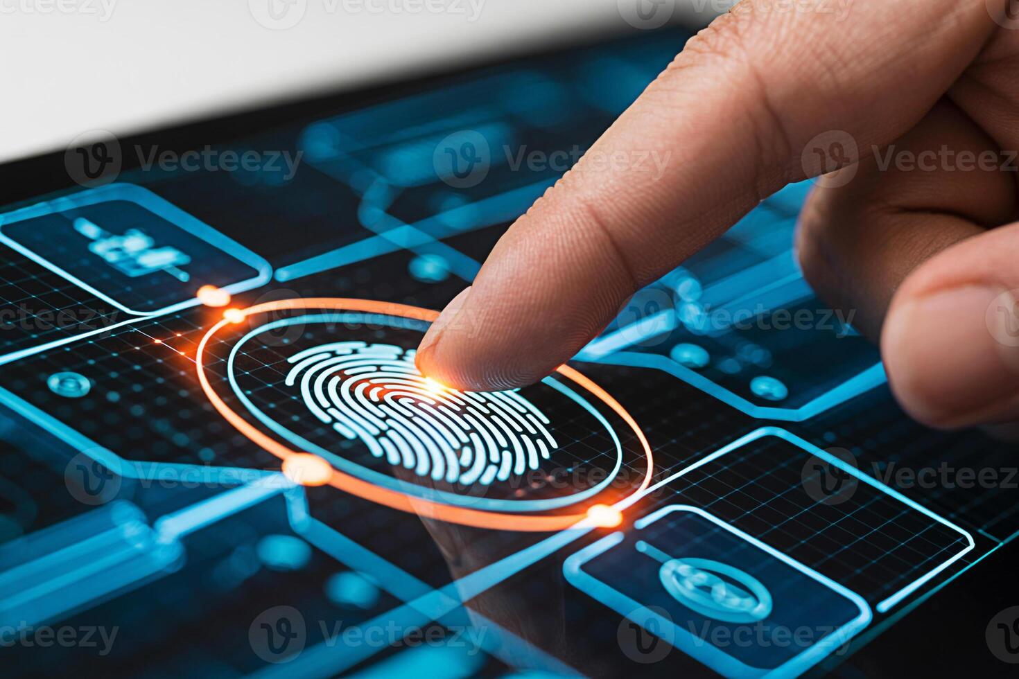 Closeup of a finger activating a fingerprint scanner on a digital tablet showcasing biometric authentication and secure access in a modern tech environment emphasizing cybersecurity and technological photo