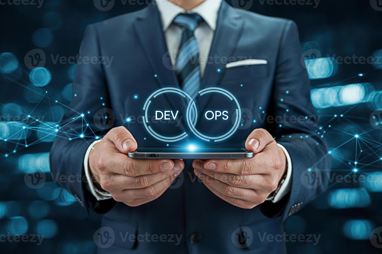 Sophisticated businessman displaying DevOps concept on a mobile phone in a digital environment symbolizing agile development and continuous integration with a focus on efficiency and collaboration for photo