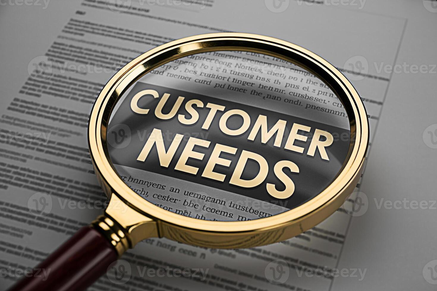 Closeup of a golden magnifying glass focusing on the words Customer Needs on a document emphasizing the importance of understanding customer requirements in a business setting creating a focused and a photo