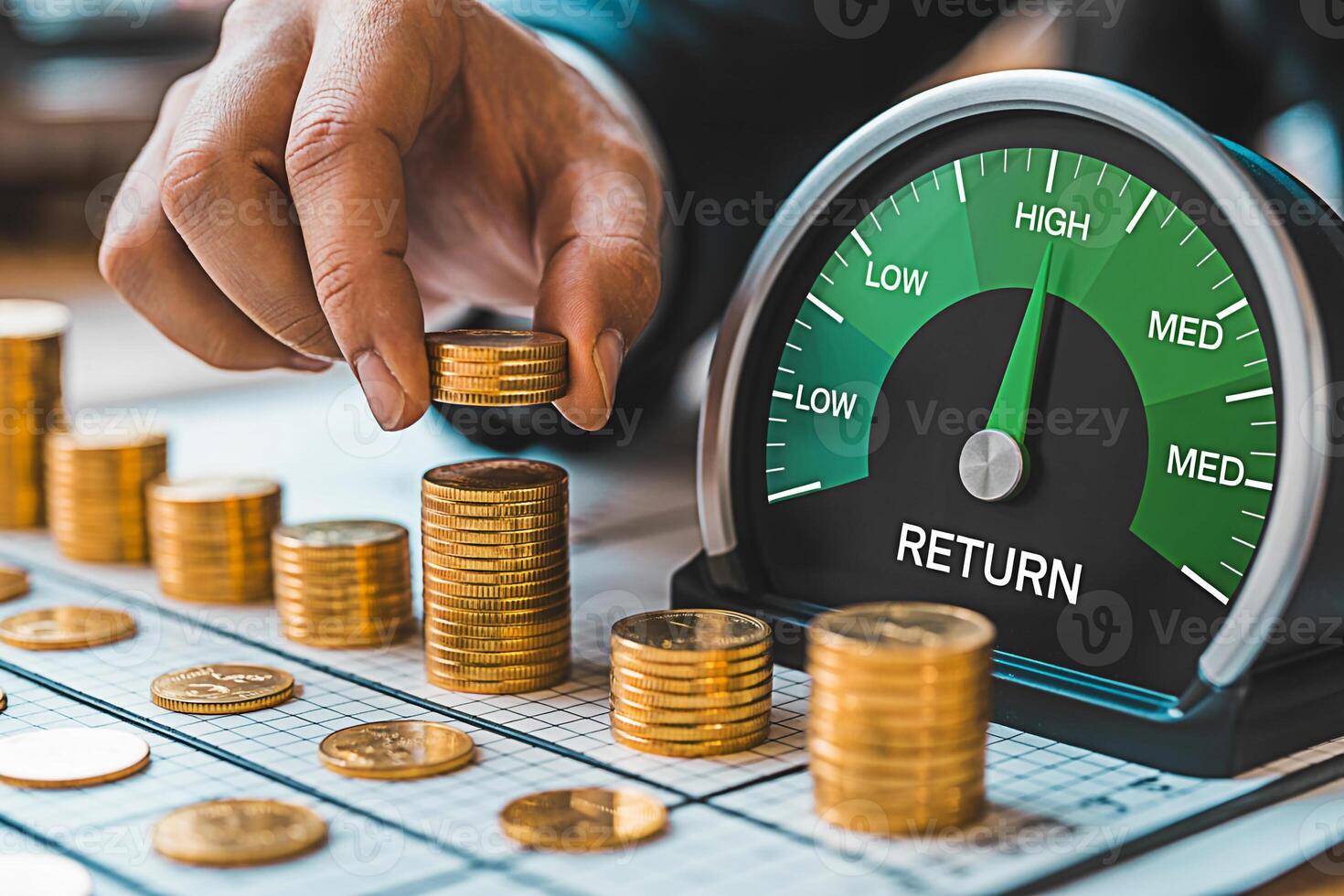Investor adding gold coins to a stack on a financial chart with a return gauge indicating high performance symbolizing successful investment strategies and wealth accumulation in a thriving market env photo