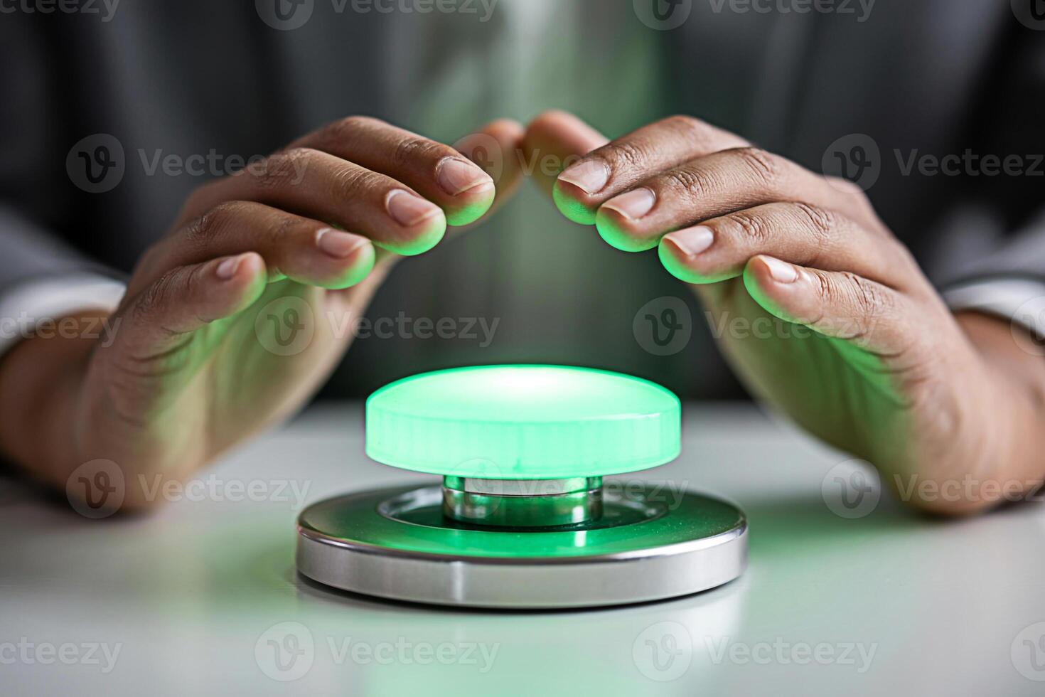 Close-up of a persons hands hovering over a glowing green button on a white surface symbolizing control decision-making and the power to initiate change with a futuristic and innovative feel photo