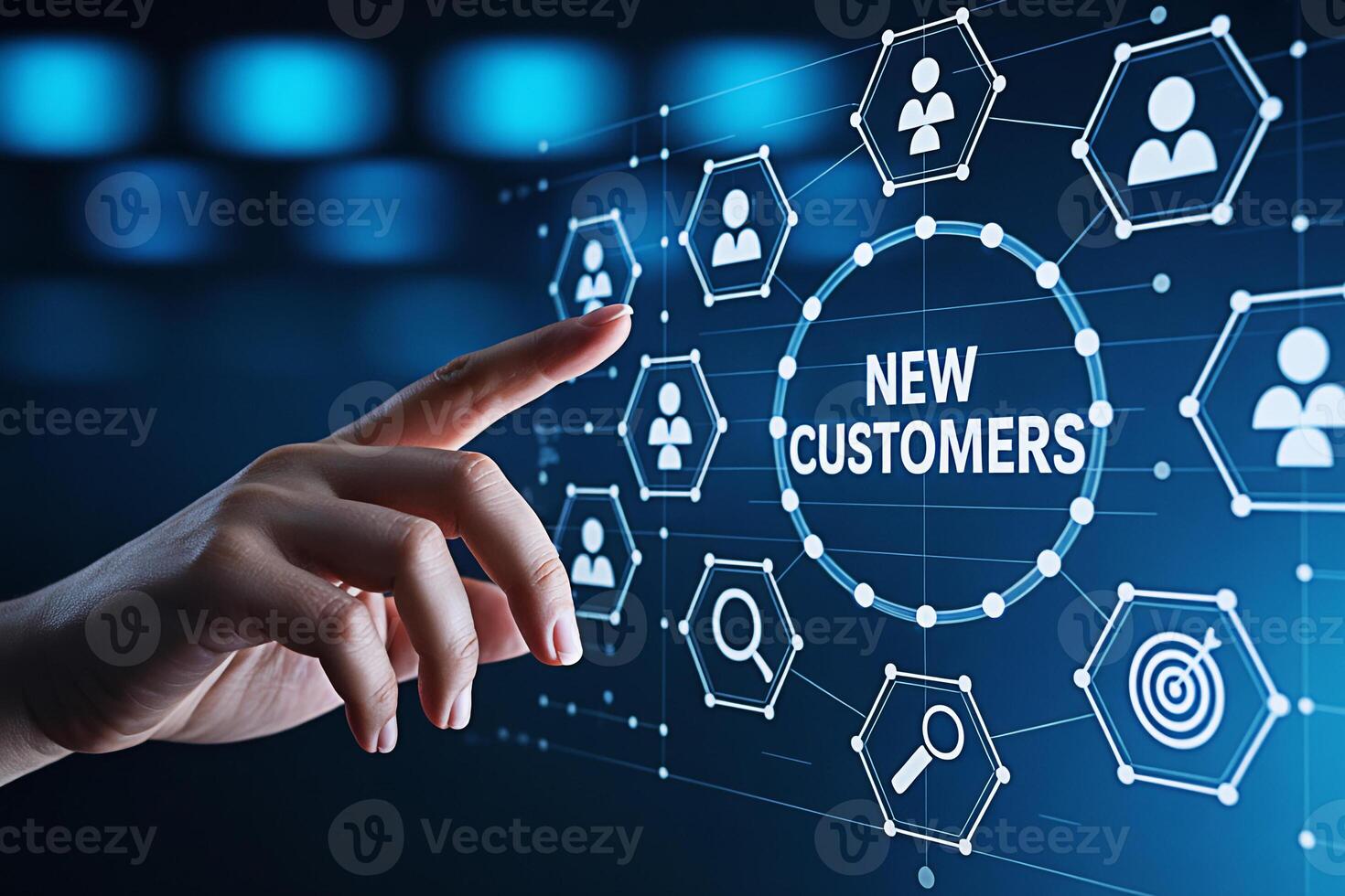 Hand interacting with a digital interface displaying New Customers surrounded by customer icons search icons and target icons representing a modern interconnected business strategy for customer acquis photo