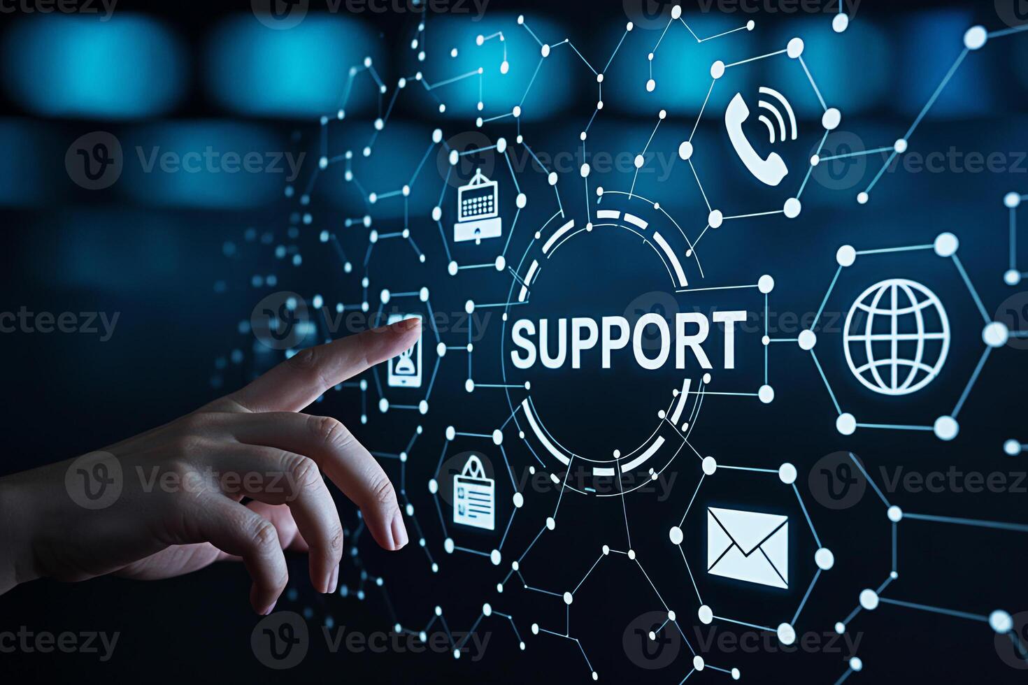 A finger interacts with a digital support interface on a glowing blue screen representing customer service and technical assistance in a modern connected world conveying a sense of efficiency and help photo