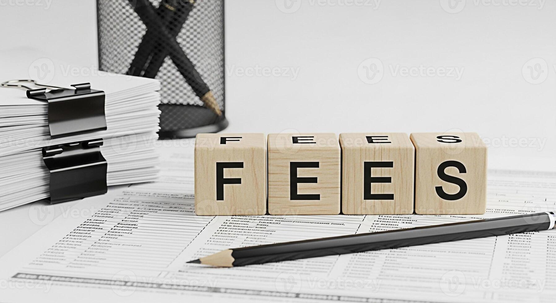 Closeup of wooden blocks spelling FEES resting on a financial document in a bright office setting symbolizing financial obligations costs and the importance of managing expenses with precision and cla photo