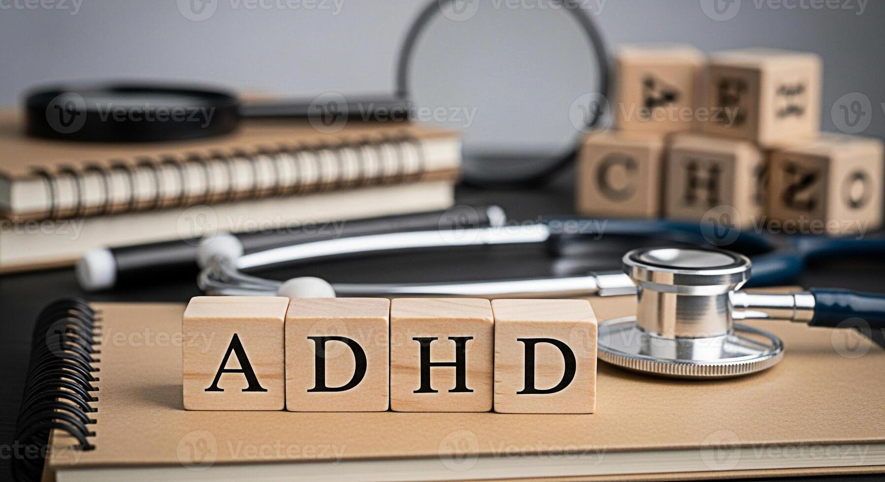 Wooden blocks spelling ADHD on a notebook with a stethoscope and educational toys in the background representing attention deficit hyperactivity disorder awareness and understanding in a learning envi photo