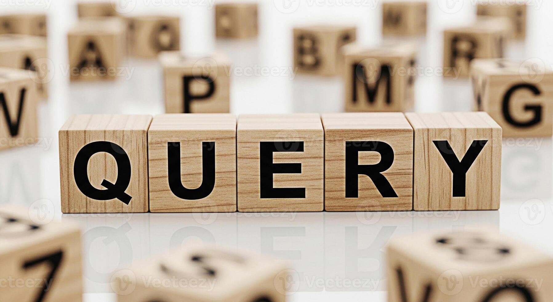 Wooden blocks spelling QUERY on a reflective surface surrounded by other letter blocks representing information retrieval and search concepts in a clean minimalist setting conveying a sense of precisi photo