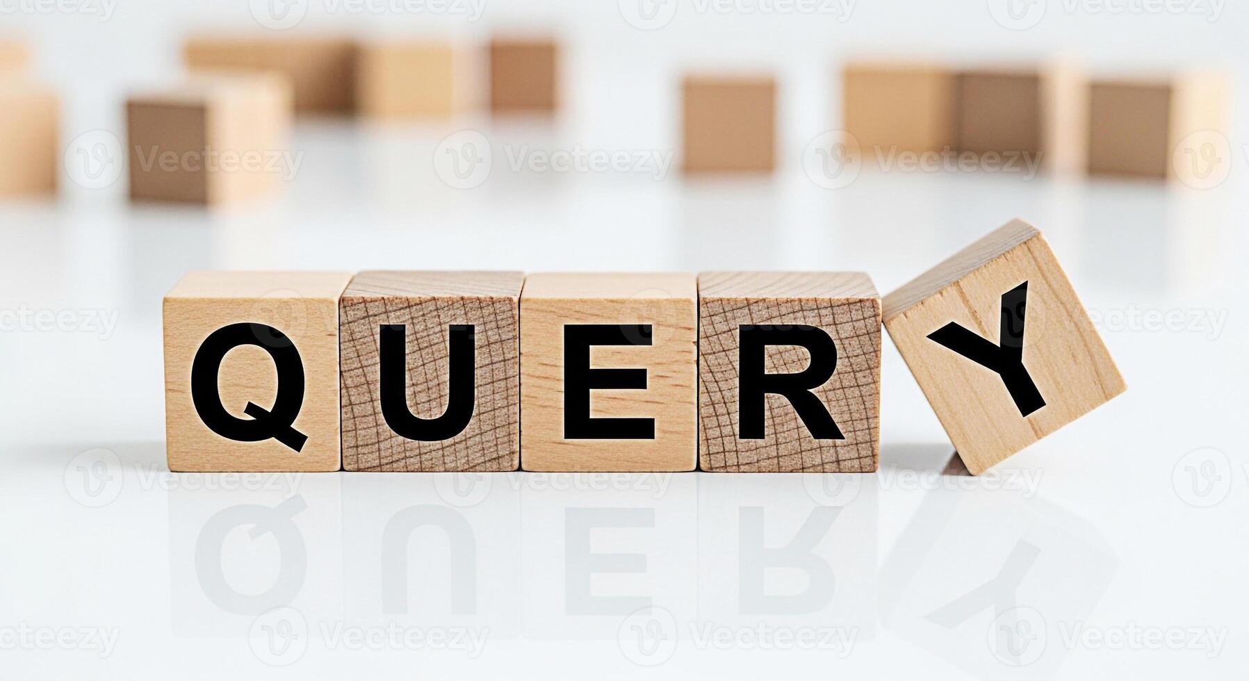 Wooden blocks spelling QUERY on a white reflective surface representing a search or inquiry in a clean minimalist studio setting symbolizing information retrieval and problemsolving with a focus on pr photo