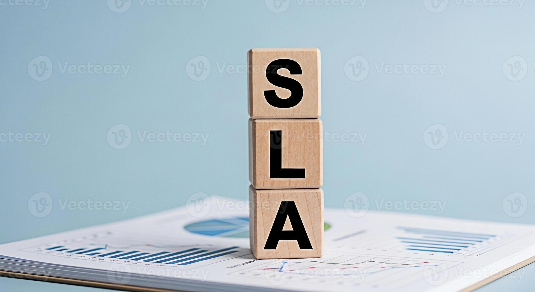 Wooden blocks spelling SLA resting on a financial report in a bright clean office environment symbolizing service level agreement commitment to quality and business performance monitoring for customer photo