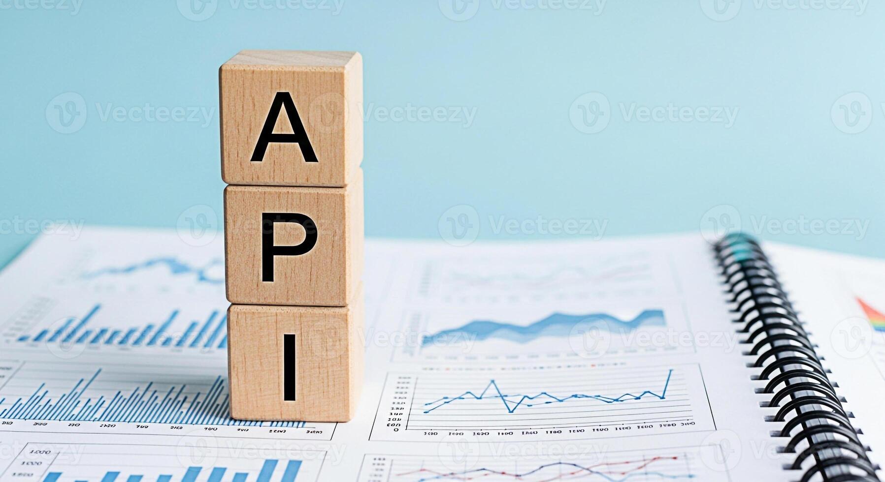 Wooden blocks spelling API resting on a financial report with graphs and charts in a bright modern office symbolizing application programming interface and datadriven decisionmaking with a focus on te photo