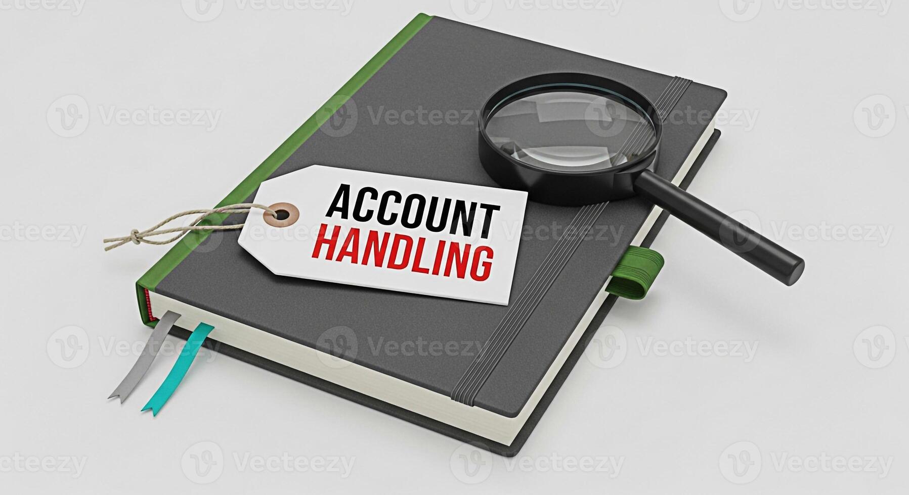 Closeup of a black notebook with a tag reading Account Handling and a magnifying glass representing meticulous financial management and attention to detail in a clean professional setting conveying a photo