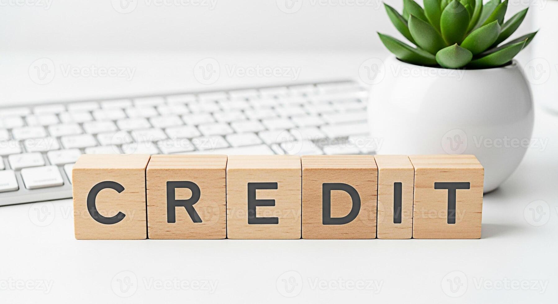 Wooden blocks spelling CREDIT displayed on a clean white desk next to a computer keyboard and a potted succulent representing financial responsibility and planning for a secure future in a modern work photo