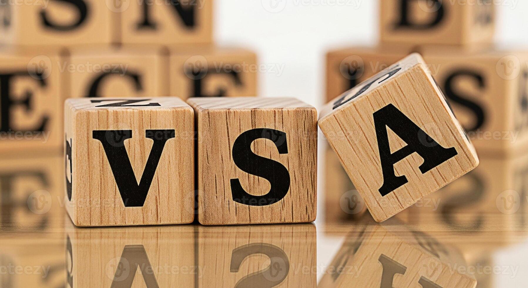 Wooden alphabet blocks spelling out VSA on a reflective surface creating a playful and educational atmosphere ideal for illustrating concepts related to learning early childhood education and language photo