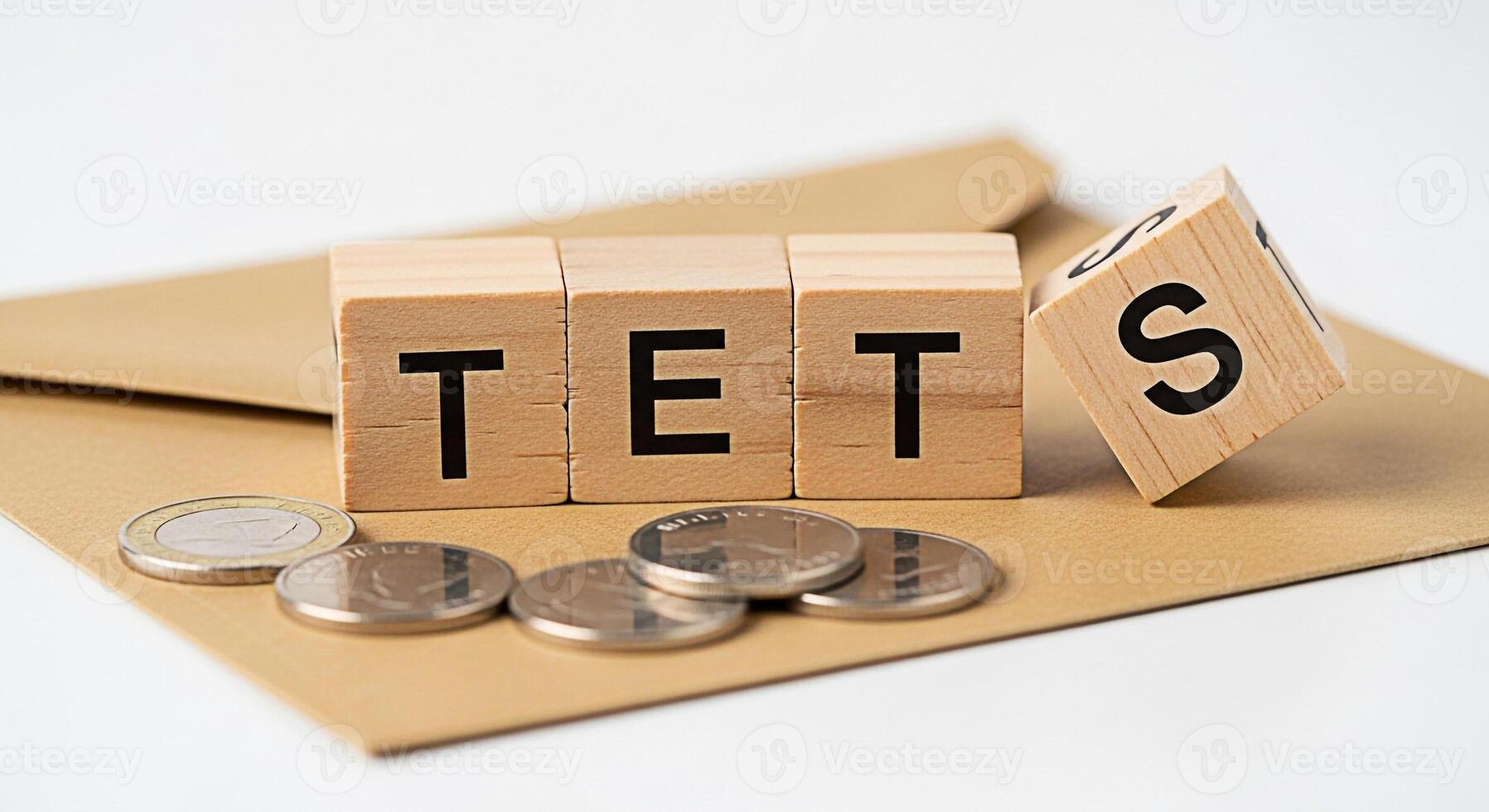 Wooden blocks spelling TET and a block with S on a brown envelope with coins representing financial planning and savings for the Vietnamese Lunar New Year symbolizing prosperity and good fortune photo