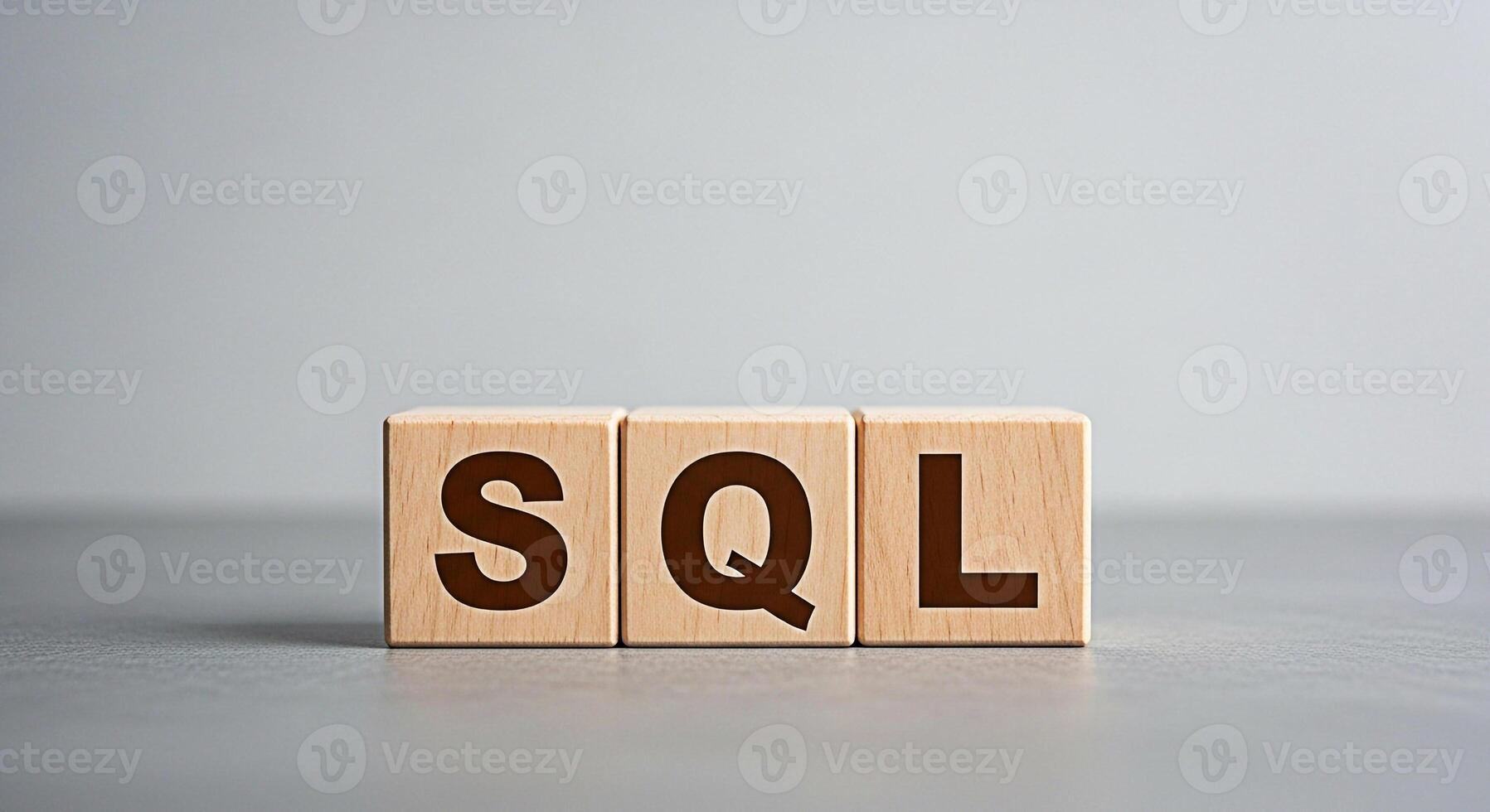 Tres de madera bloques mostrando sql en un gris superficie representando base de datos administración y datos preguntando en un limpiar minimalista ajuste transporte un sentido de estructurado información y eficiente datos han foto