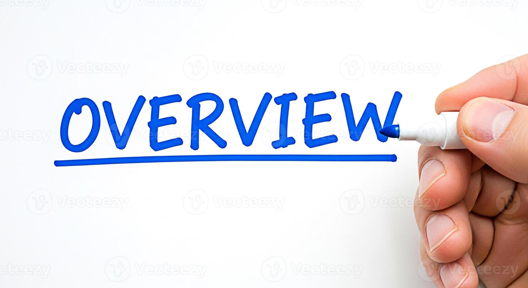 Hand writing Overview with a blue marker on a white background presenting a business concept of summarizing key points and providing a comprehensive understanding conveying clarity and strategic plann photo