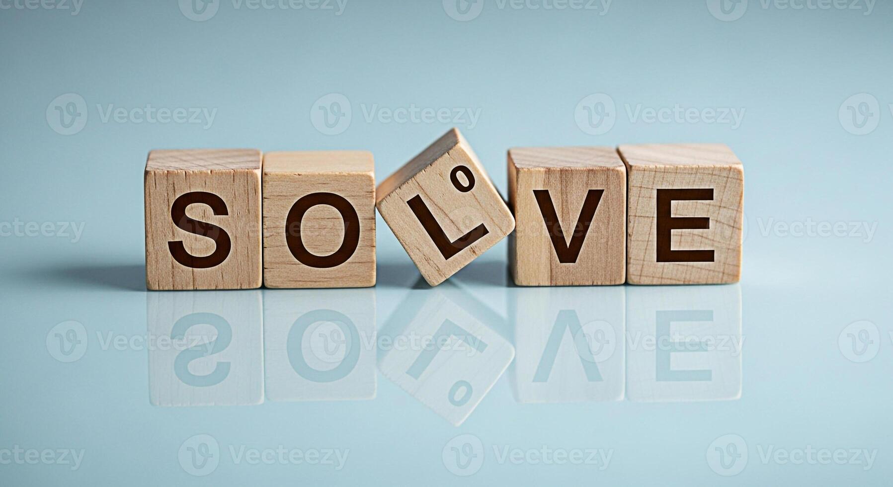 Wooden blocks spelling SOLVE on a reflective surface with one block tilted representing problemsolving and innovation in a bright clean studio environment conveying a sense of clarity and resolution photo