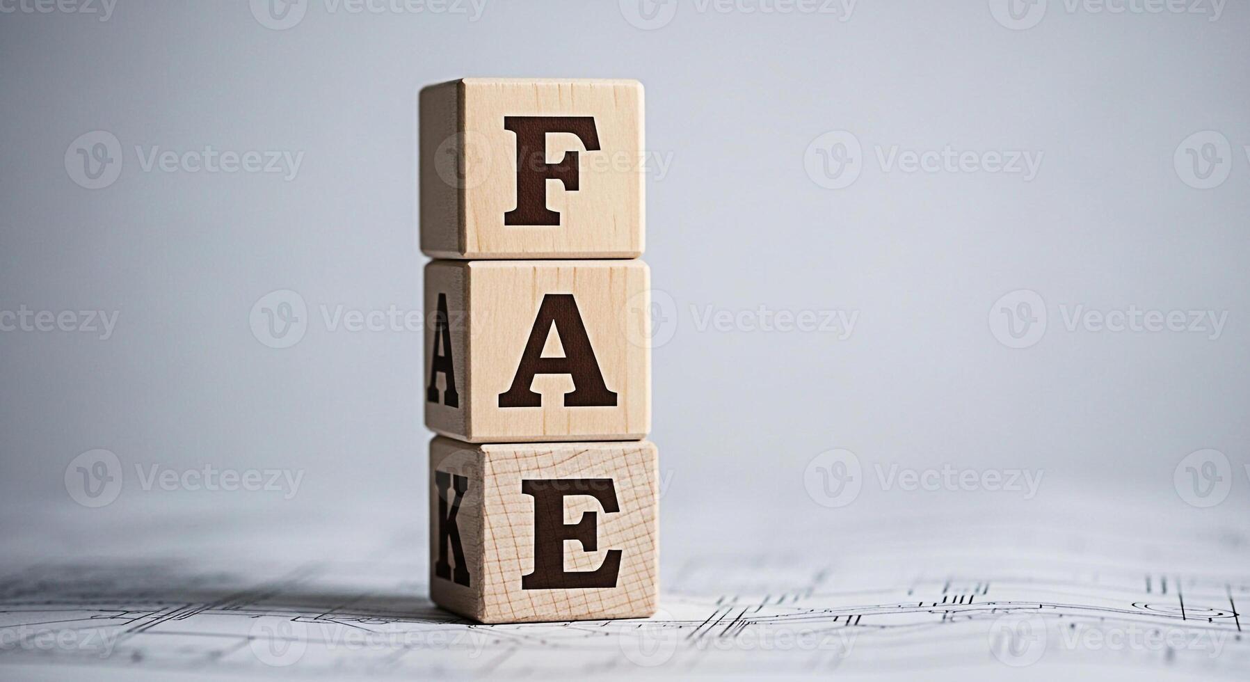 Wooden blocks spelling FAKE stacked on a blueprint symbolizing deception and misinformation in a technical or architectural context creating a sense of distrust and questioning authenticity photo