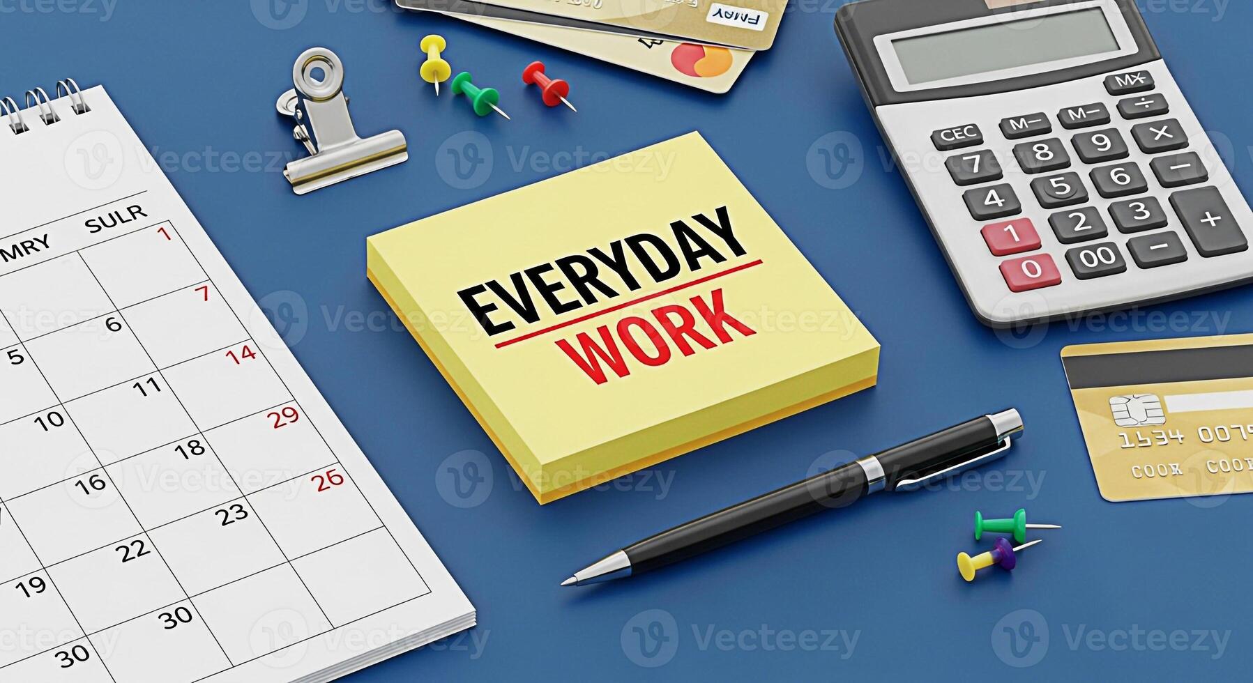 Organized desk featuring a calendar calculator credit cards and a sticky note reminding of Everyday Work on a blue surface symbolizing routine tasks financial planning and time management in a structu photo
