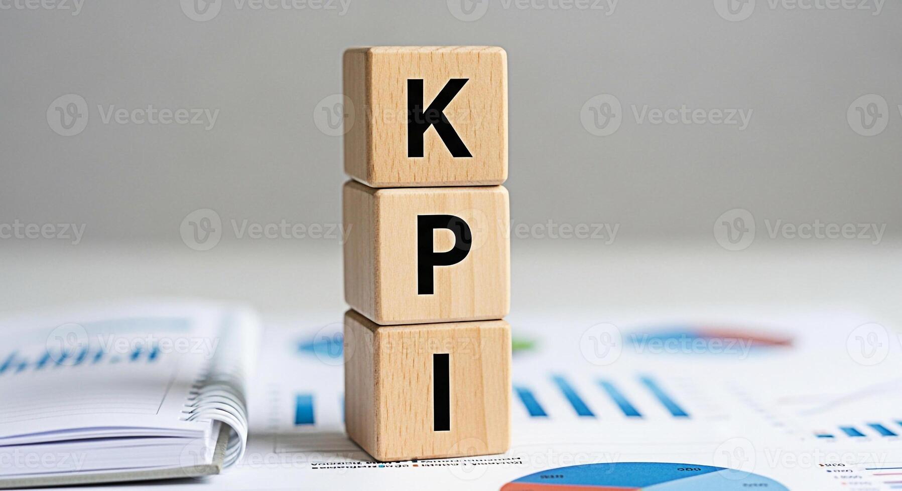 Wooden blocks displaying KPI on a desk with business reports symbolizing key performance indicators and strategic goals in a corporate setting conveying a message of success and achievement photo