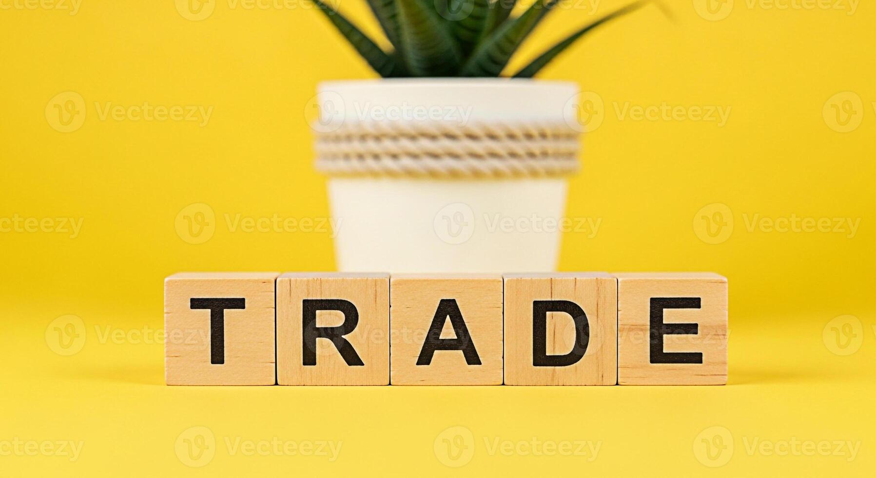Wooden blocks spelling out TRADE on a vibrant yellow surface symbolizing global commerce and financial transactions with a potted succulent plant in the background creating a modern and optimistic bus photo