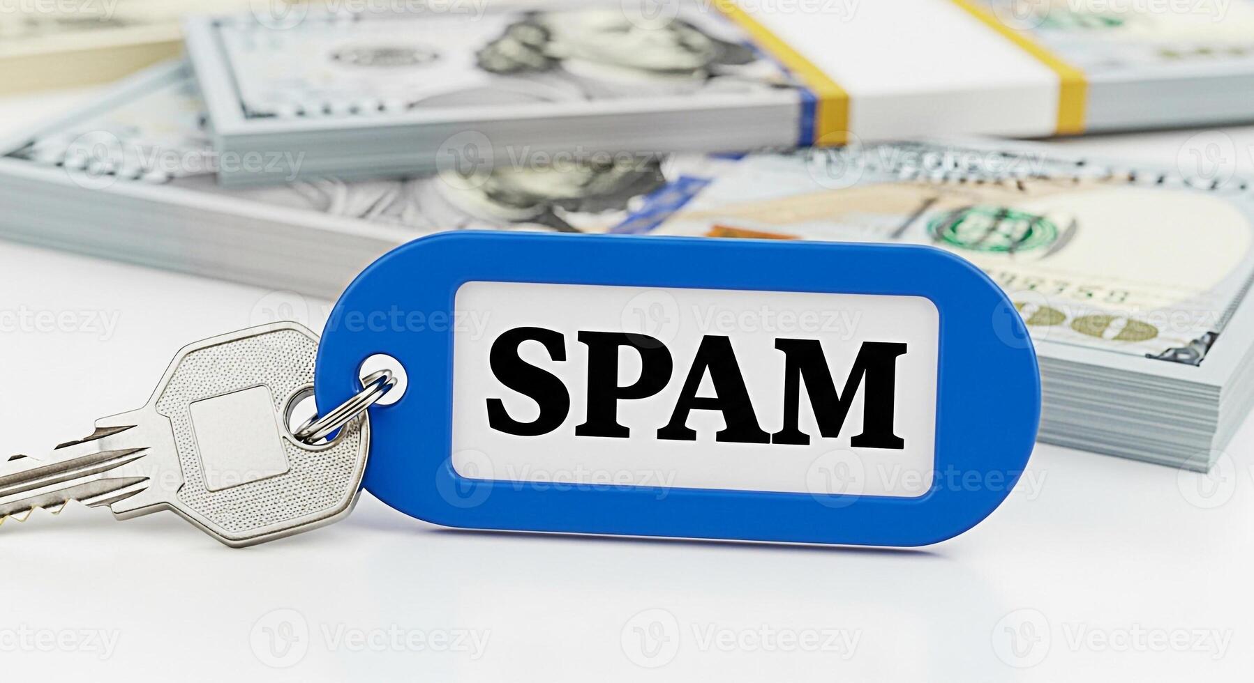 Key to avoiding spam A key attached to a blue tag with the word SPAM on it resting on stacks of US dollar bills symbolizing protection from unwanted emails and financial scams in the digital age photo