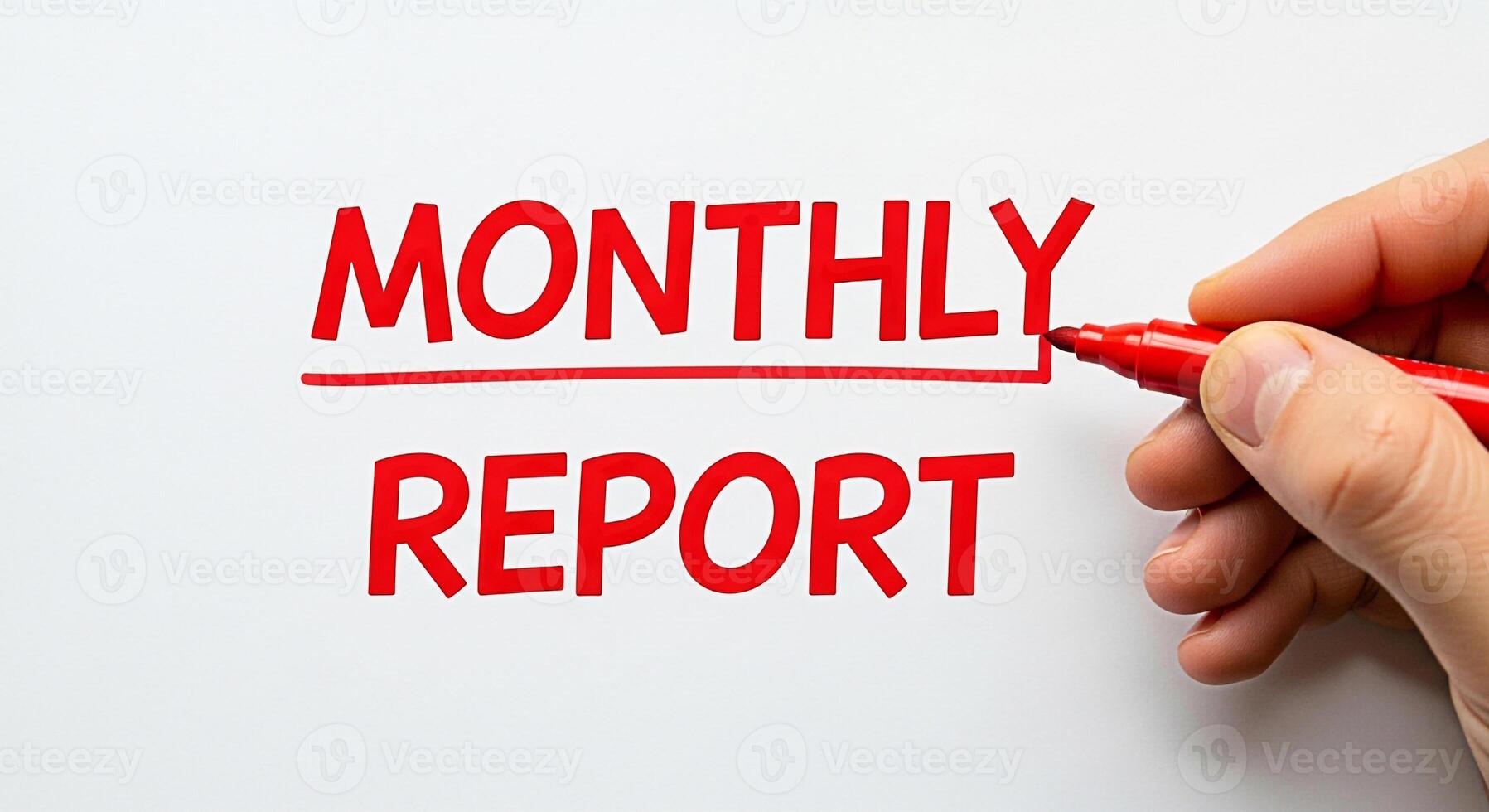 Hand underlining Monthly Report in bold red marker on a white background emphasizing financial analysis and business performance with a sense of urgency and importance for review and decisionmaking photo