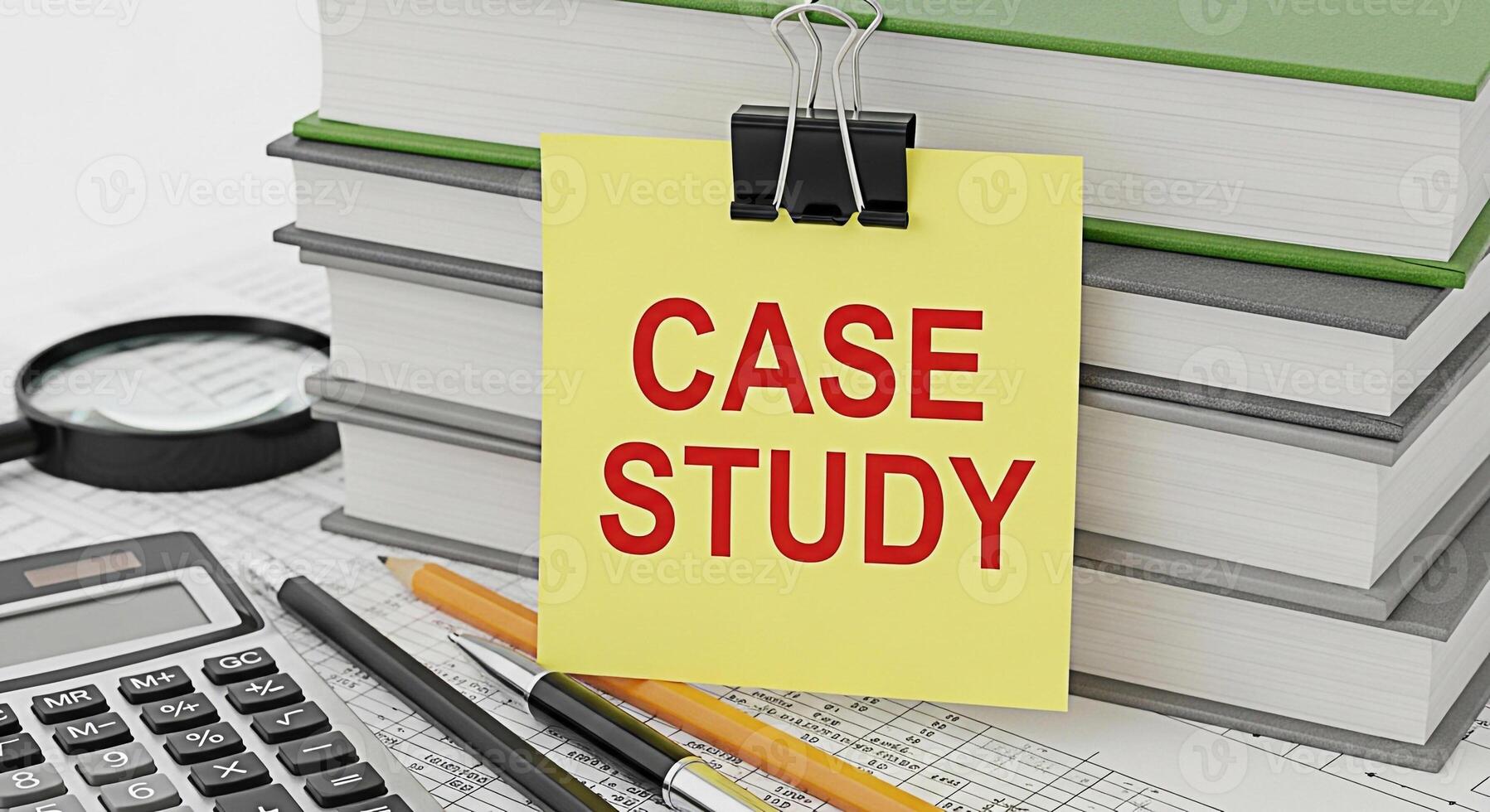 Closeup of a yellow sticky note with Case Study text attached to a stack of books on a desk with a calculator magnifying glass and financial documents symbolizing research and analysis in a business s photo