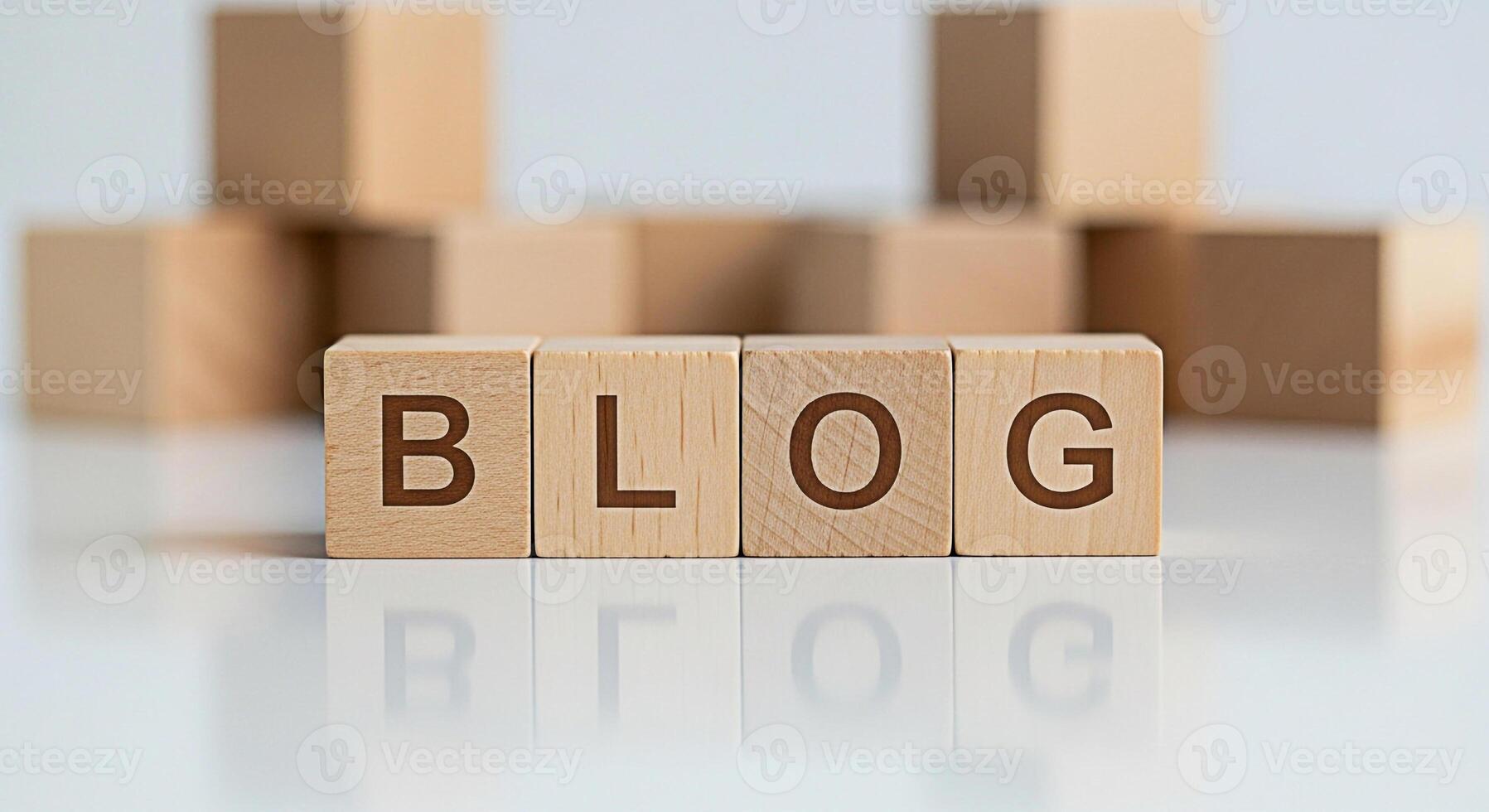 Wooden blocks spelling out BLOG on a reflective surface surrounded by other blocks symbolizing online content creation sharing ideas and fostering a sense of community and engagement in the digital wo photo