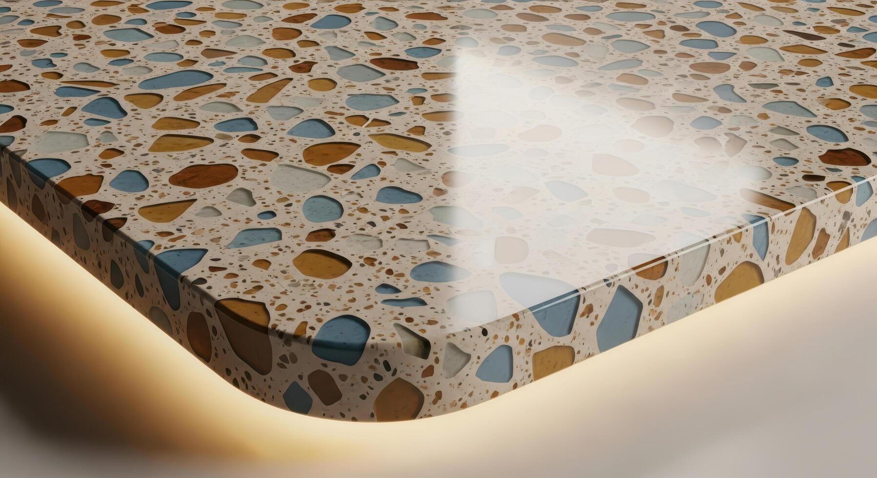 Close-up view of a modern terrazzo surface, showcasing the unique blend of colors and textures, ideal for interior design and architectural projects photo