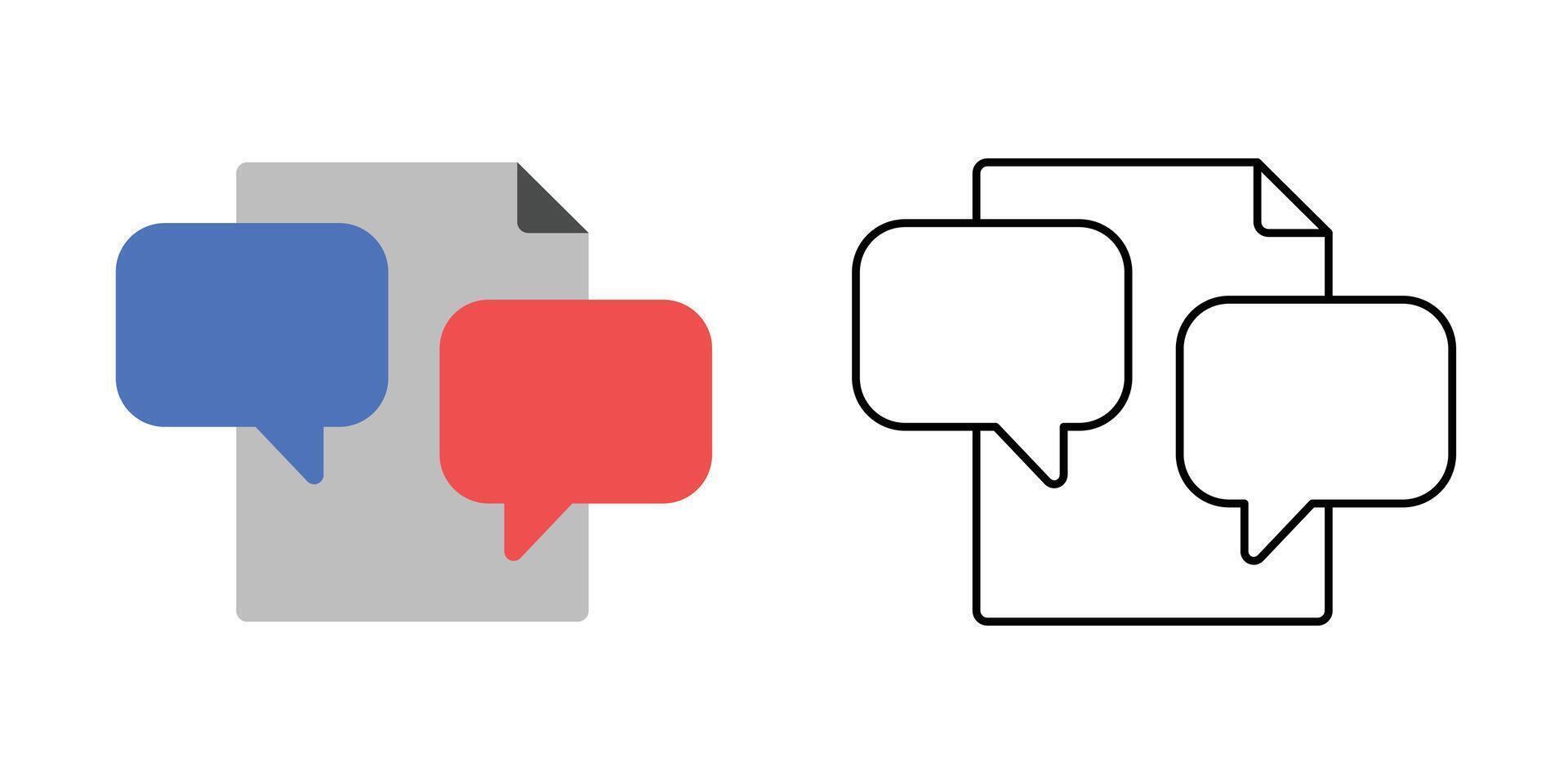 Comment thread icon showing document with connected speech bubbles. Ideal for discussion interface, review process, and collaborative editing concept. vector