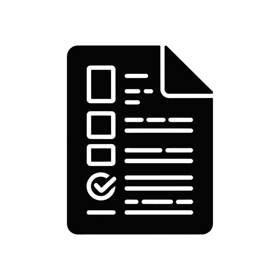 Black document with checkboxes and a checkmark on white background icon vector