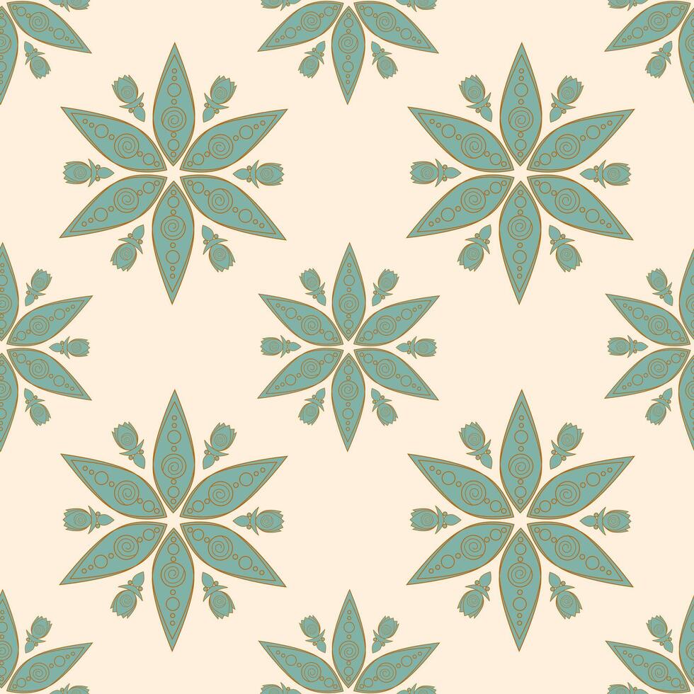 Decorative pattern in oriental style with stylized flowers in the form of six-pointed stars, decorated with circles and spirals, surrounded by buds, on a beige background. vector