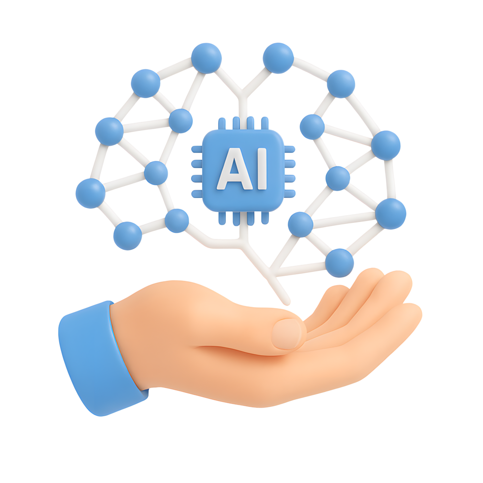 3d ai cérebro ícone, mão segurando digital rede com processador, isolado em transparente fundo png