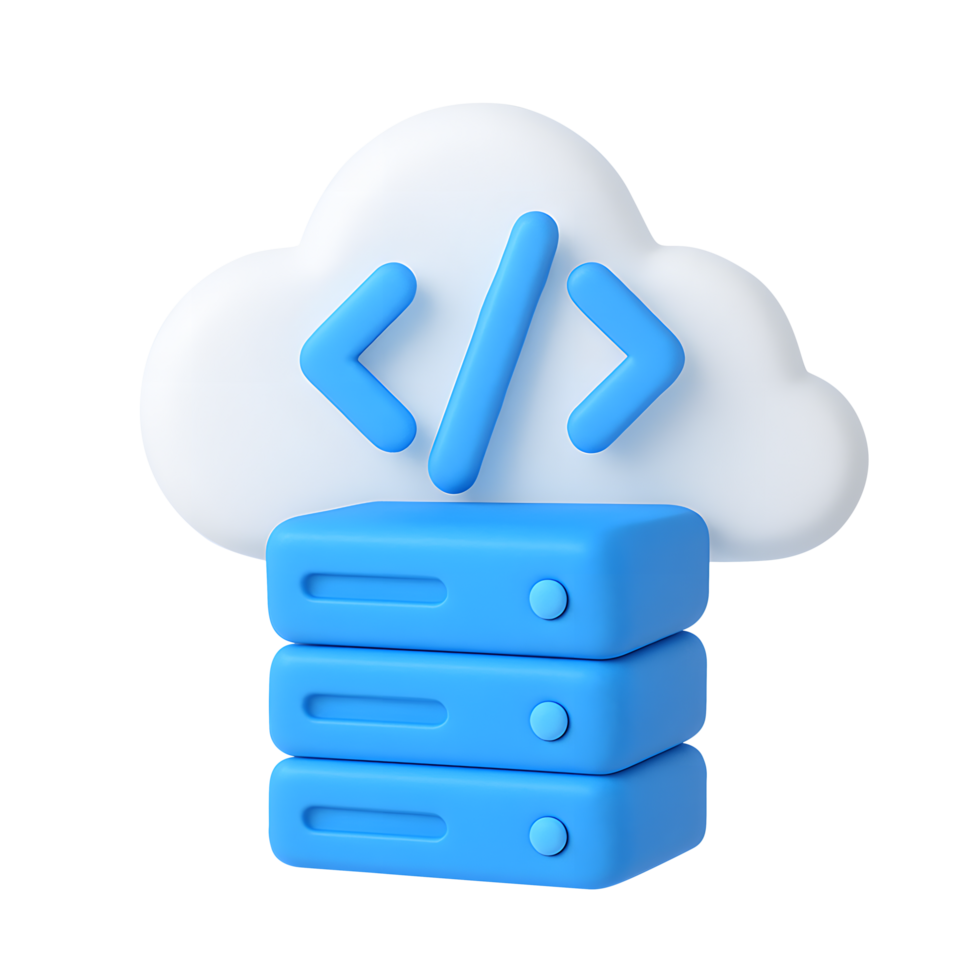 3d nube icono, blanco nube con azul servidor y codificación símbolo, aislado en transparente antecedentes png