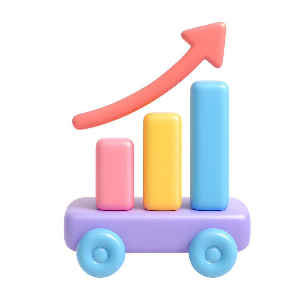 3d Wachstum Diagramm Symbol, bunt Bar Graph mit nach oben Pfeil auf Räder, isoliert auf transparent Hintergrund png