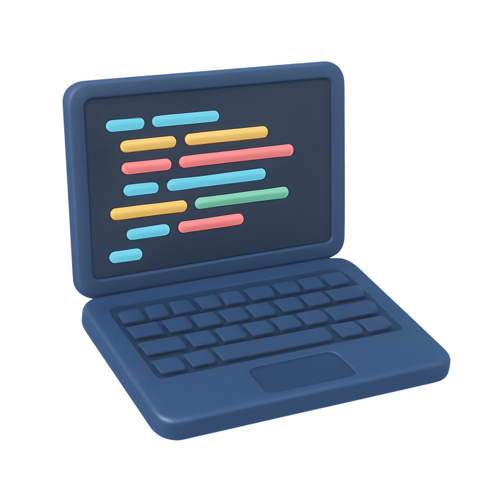 3d laptop icoon, blauw computer met codering scherm, geïsoleerd Aan transparant achtergrond png