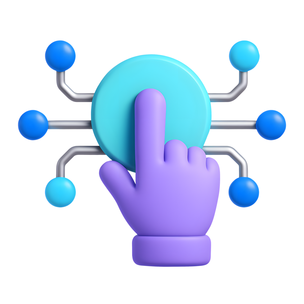 3D hand pointing gesture icon, blue network connection nodes, isolated on transparent background png