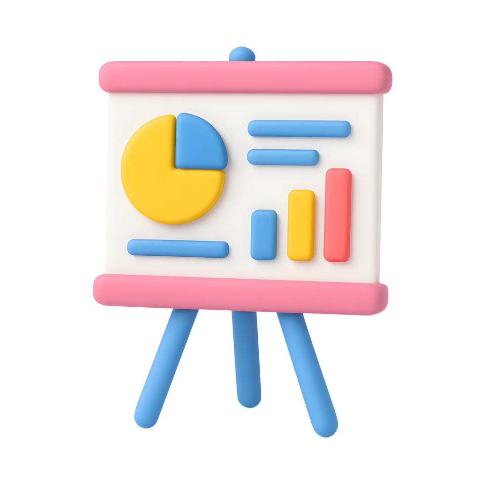 3D presentation chart icon, board with pie chart and bar graph, isolated on transparent background png
