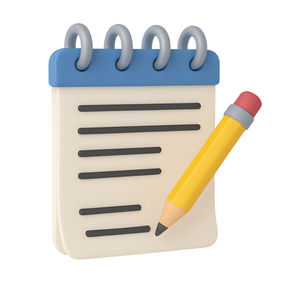 3d bloc notes icona, spirale taccuino con giallo matita per scrittura e Appunti, isolato su trasparente sfondo png