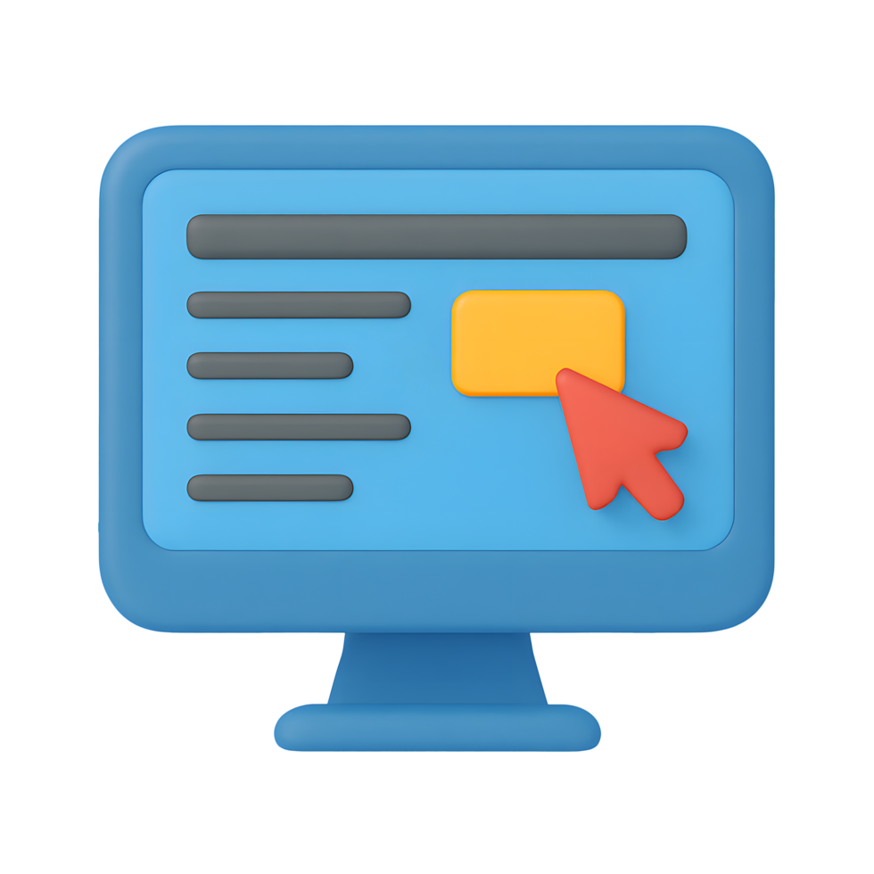 3d local na rede Internet ícone, computador monitor com interface e vermelho cursor apontando para amarelo botão, isolado em transparente fundo png