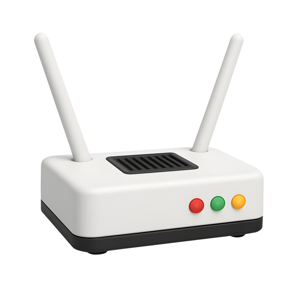 3D wireless router icon with two antennas and colorful signal indicator lights, isolated on transparent background png