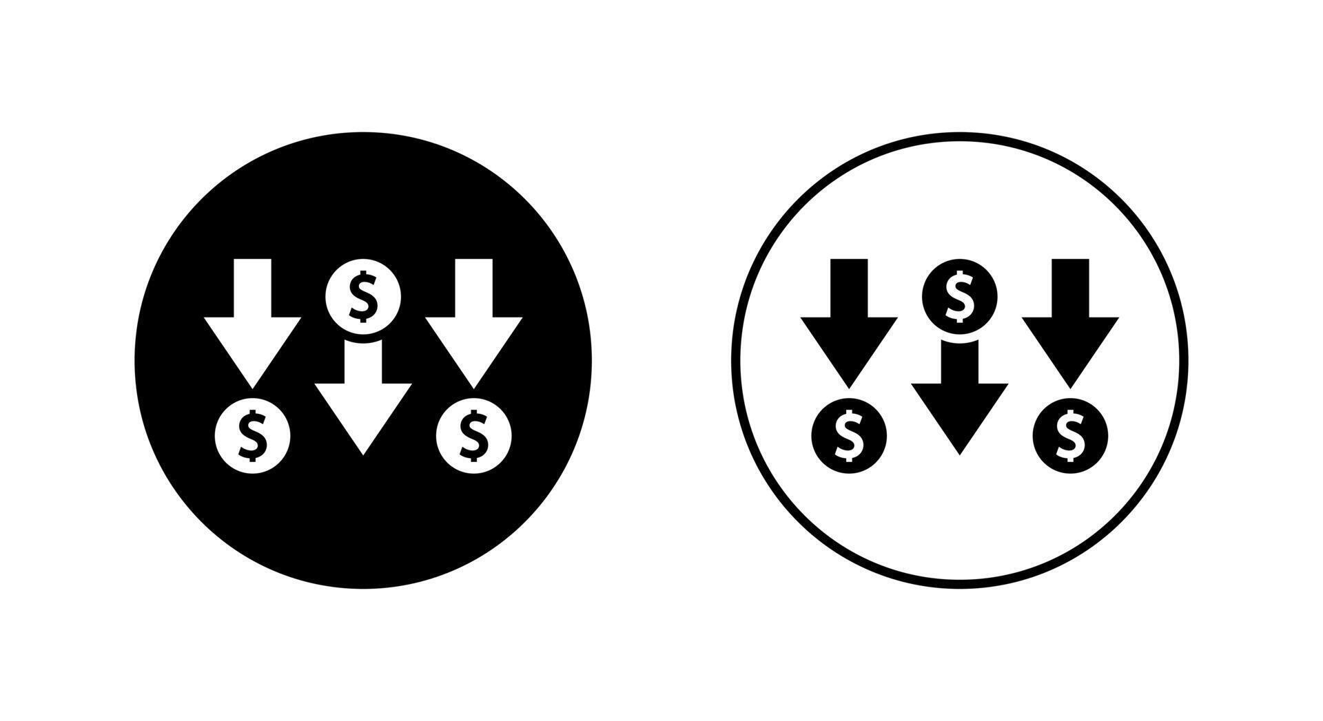 Dollar down icon in black circle. Money decrease symbol. Financial loss ...