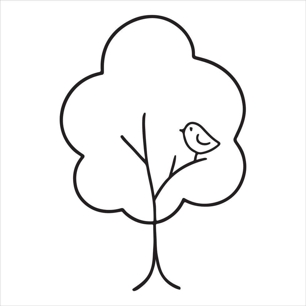 Charming bird on simple tree branch outline silhouette on white background vector
